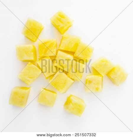 Fresh Pineapple Cube Slices Isolated On The White Background. Pineapple Chunks Close Up