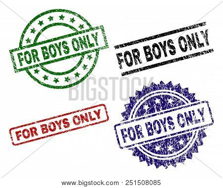 For Boys Only Seal Prints With Corroded Texture. Black, Green, Red, Blue Vector Rubber Prints Of For