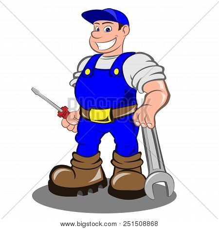 Smiling Mechanic With A Screwdriver And A Wrench