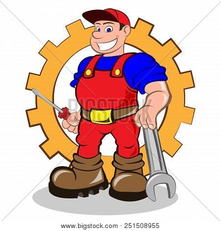 Smiling Mechanic With A Screwdriver And A Wrench