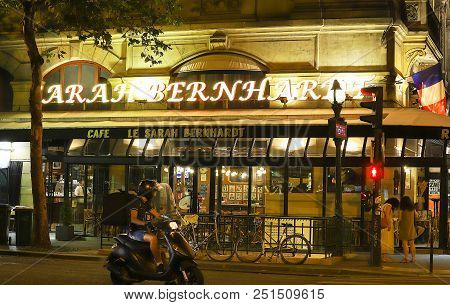 Paris, France-july 23 , 2018 : The Famous French Cafe Sarah Bernardt Named After The Famed Parisian 