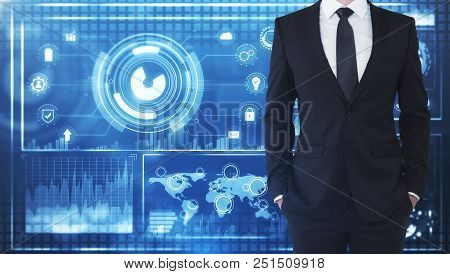 Businessman With Digtal Business Interface On Blurry Background. Future And Innovation Concept. 3d R