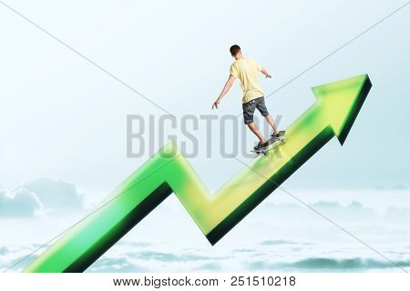 Skateboarder On Upward Green Arrow. Sky Background. Financial Growth And Career Concept