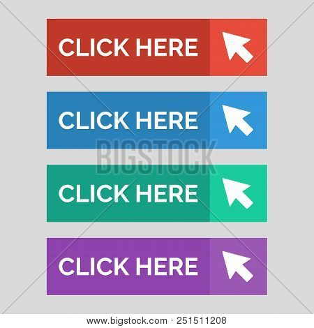 Click Here Flat Buttons On Grey Background. Vector Illustration