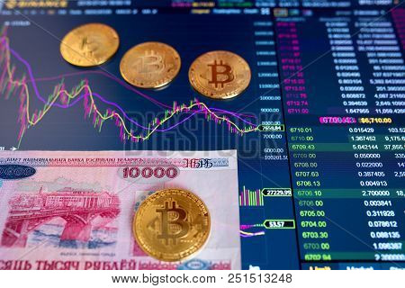 Paper Bill Belarus Byn, Blurred Background. The Electronic Schedule Of Bitcoin On The Exchange, Volu