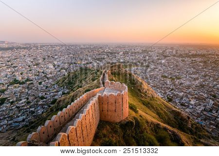Sunset View Of Nahargarh Fort On The Edge Of Aravalli Hills, Jaipur, Rajasthan, India