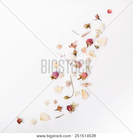 Flowers Composition. Frame Made Of Dried Rose Flowers On White Background. Flat Lay, Top View, Copy 