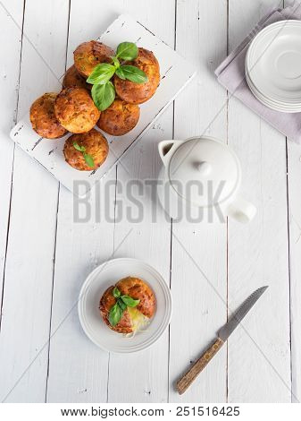 Homemade Freefly Baked Double Cheese Muffins With Basilic On A White Wooden Board. Healthy Snack Or 