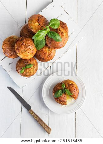 Homemade Freefly Baked Double Cheese Muffins With Basilic On A White Wooden Board. Healthy Snack Or 