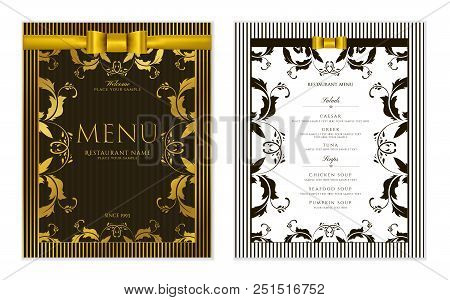 Design Restaurant Menu Template With Gold Floral Border Frame (black Stripy Pattern). Elegant Luxe G