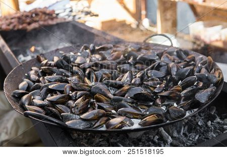 Fresh Mussels At Grill Pan. Seafood Barbecue Outdoors. Picnic Healthy Food, Mussels In Shells. Plent