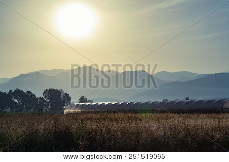 Morning Sunrise Landscape Photo With Field And Greenhouse Made In Agricultural Region Near Fondi, La