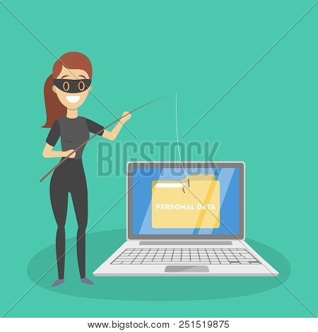 Hacker Set. Female Hief Attack Computer And Steal Personal Data. Digital Security Concept. Isolated 
