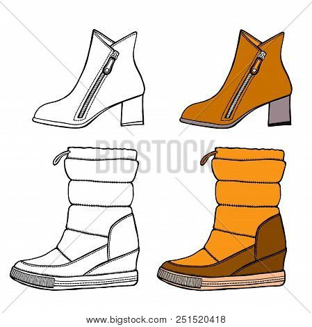 Set Of Warm Female Half-boot On Heel Made Of Suede. Isolared On White
