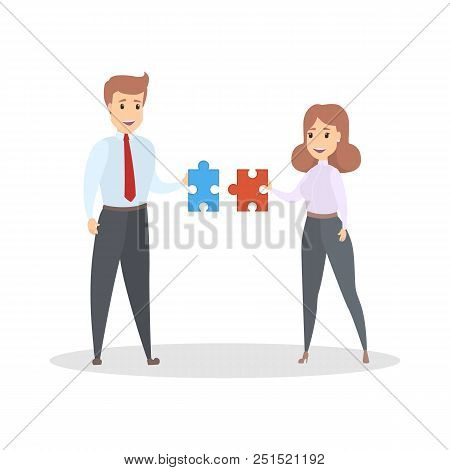 Teamwork Concept. Businessman And Business Woman Pull Puzzle Pieces Towards Each Other. Idea Of Part
