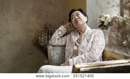Asian Elderly Woman Sit In Beautiful Luxury Interior Room Tuscan Vintage Style