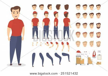Handsome Male Courier Character Set For Animation With Various Views, Hairstyles, Emotions, Poses An