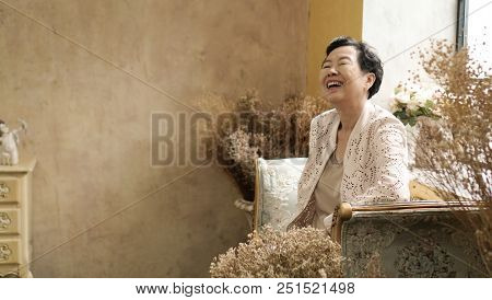Asian Elderly Woman Sit In Beautiful Luxury Interior Room Tuscan Vintage Style