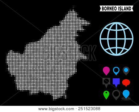 Bright Dotted Halftone Borneo Island Map. Geographic Map In Bright Color Tinges On A Black Backgroun