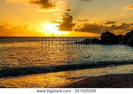 Travel Photo In St. Barths, Caribbean. Amazing View Of Sunset On Shell Beach In Gustavia, Caribbean.