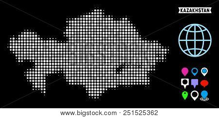 Bright Dotted Halftone Kazakhstan Map. Geographic Map In Bright Color Tones On A Black Background. V