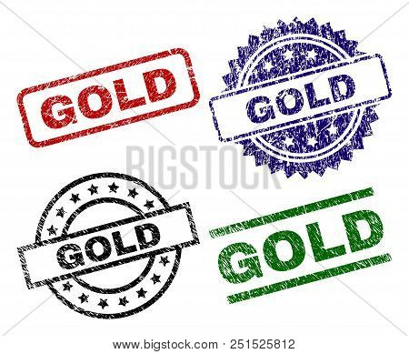 Gold Seal Prints With Corroded Texture. Black, Green, Red, Blue Vector Rubber Prints Of Gold Caption