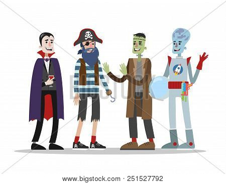 Halloween Adult Costumes Set. Attractive Clothing For Party. Pirate, Vampire And Alien Costumes For 