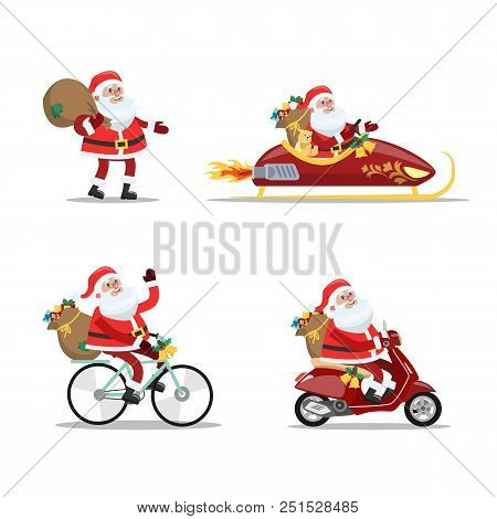 Set Of Cute Funny Santa Claus With Bag Full Of Gifts Using Differnet Vehicles Such As Bicycle And Sl