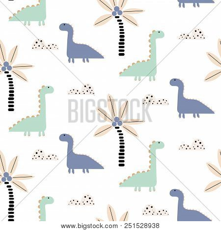 Cute Baby Boy Dino Forest Seamless Vector Pattern. Child Animals Repeat Background For Kids Apparel 