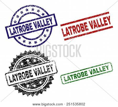 Latrobe Valley Seal Prints With Damaged Style. Black, Green, Red, Blue Vector Rubber Prints Of Latro