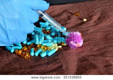 The Hand In The Blue Glove Makes An Injection Of A Soft Toy With A Syringe, Against The Background O