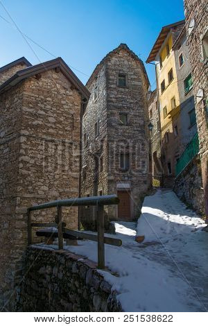 A Street In The Hill Village Of Casso In Winter Friuli Venezia Giulia, North East Italy. With A Popu