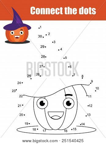 Connect The Dots Children Educational Drawing Game. Dot To Dot By Numbers Game For Kids. Halloween T