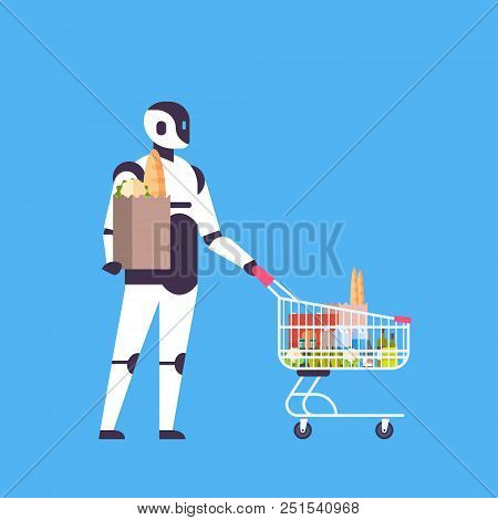 Robot Holding Shopping Cart House Bot Helper Concept Artificial Intelligence Blue Background Flat Fu