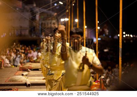 VARANASI, UTTAR PRADESH, INDIA - JULY 6, 2018: Ganga Aarti ceremony at Dasashvamedh Ghat with thousand of prayers each evenning.