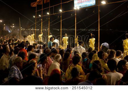 VARANASI, UTTAR PRADESH, INDIA - JULY 6, 2018: Ganga Aarti ceremony at Dasashvamedh Ghat with thousand of prayers each evenning.