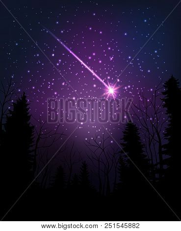 Star Falling Through Dark Night. Starry Sky Above Dark Forest. Vector Illustration.