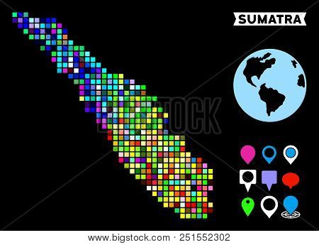 Bright Colored Pixel Halftone Sumatra Island Map. Geographic Map In Impressive Random Colors On A Bl