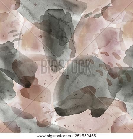 Pink Seamless Pattern Illustration With Watercolor Pink, Gra, Blacky And Beige Spots And Blemishes. 
