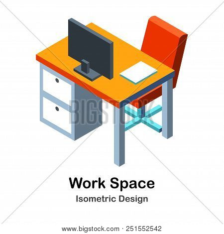 Table With Computer And Chair Isometric Illustration