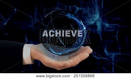 Painted Hand Shows Concept Hologram Achieve On His Hand. Drawn Man In Business Suit With Future Tech