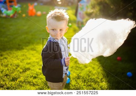 Happy 2 Year Old Boy Eating White Sweet Cotton Candy. Kid With Candy Floss In The Park At Summer.