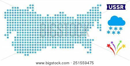 Freeze Ussr Map. Vector Geographic Scheme In Blue Winter Colors. Vector Pattern Of Ussr Map Made Of 