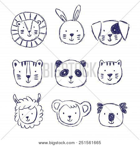 Childish Set Of Illustrations With Cute Animals In Black And White Style. Creative Scandinavian Kids
