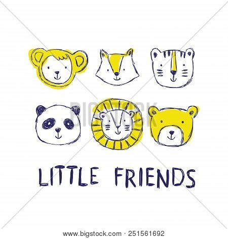 Childish Set Of Illustrations With Cute Animals And Lettering In Black And White Style. Creative Sca