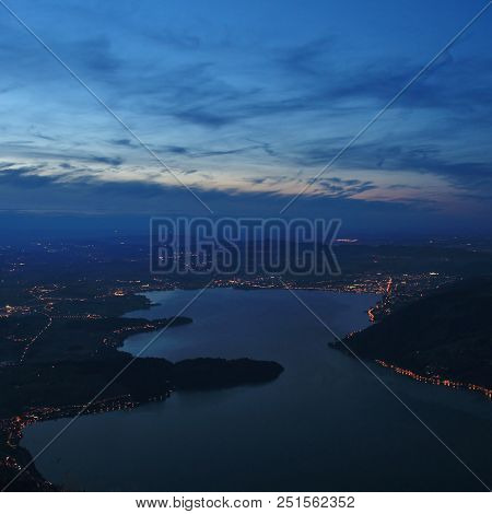 Lake Zugersee And Zug By Night, View From Mount Rigi.