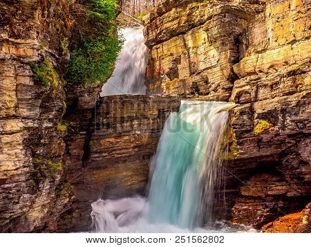 St Mary Falls Is At The Headwater Of St. Mary In Gnp From A Close Up Perspective.