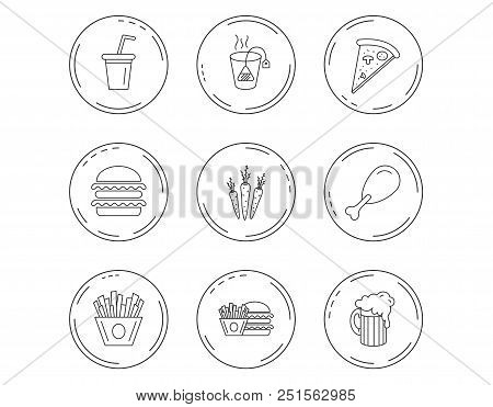 Hamburger, Pizza And Soft Drink Icons. Beer, Tea Bag And Chips Fries Linear Signs. Chicken Leg, Carr