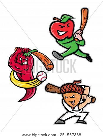 Mascot Icon Illustration Set Of Fruits Playing As Baseball Player Batting With Bat Like The Apple, R