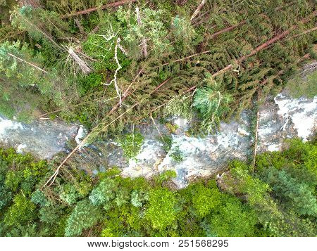 Downed Trees Over Stream In Spearfish Canyon After Tornado Lands In Forest Drone Photo
